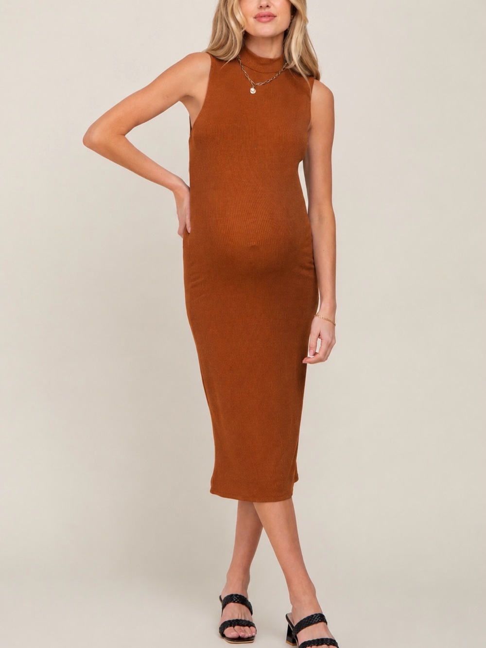 PinkBlush Camel Ribbed Sleeveless Mock Neck Maternity Midi Dress EUC